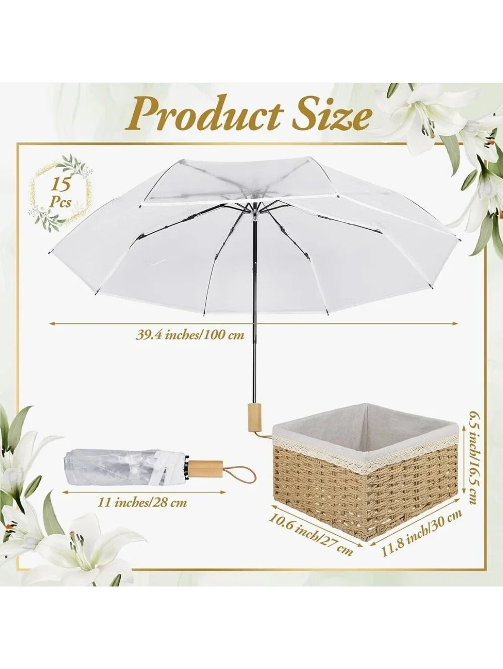 15-Pack Clear Event Party Favor Umbrellas with Storage Basket New